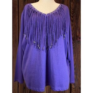 Back in the Saddle Women's 3X Beaded Fringe Embellished Western Tunic Top Purple